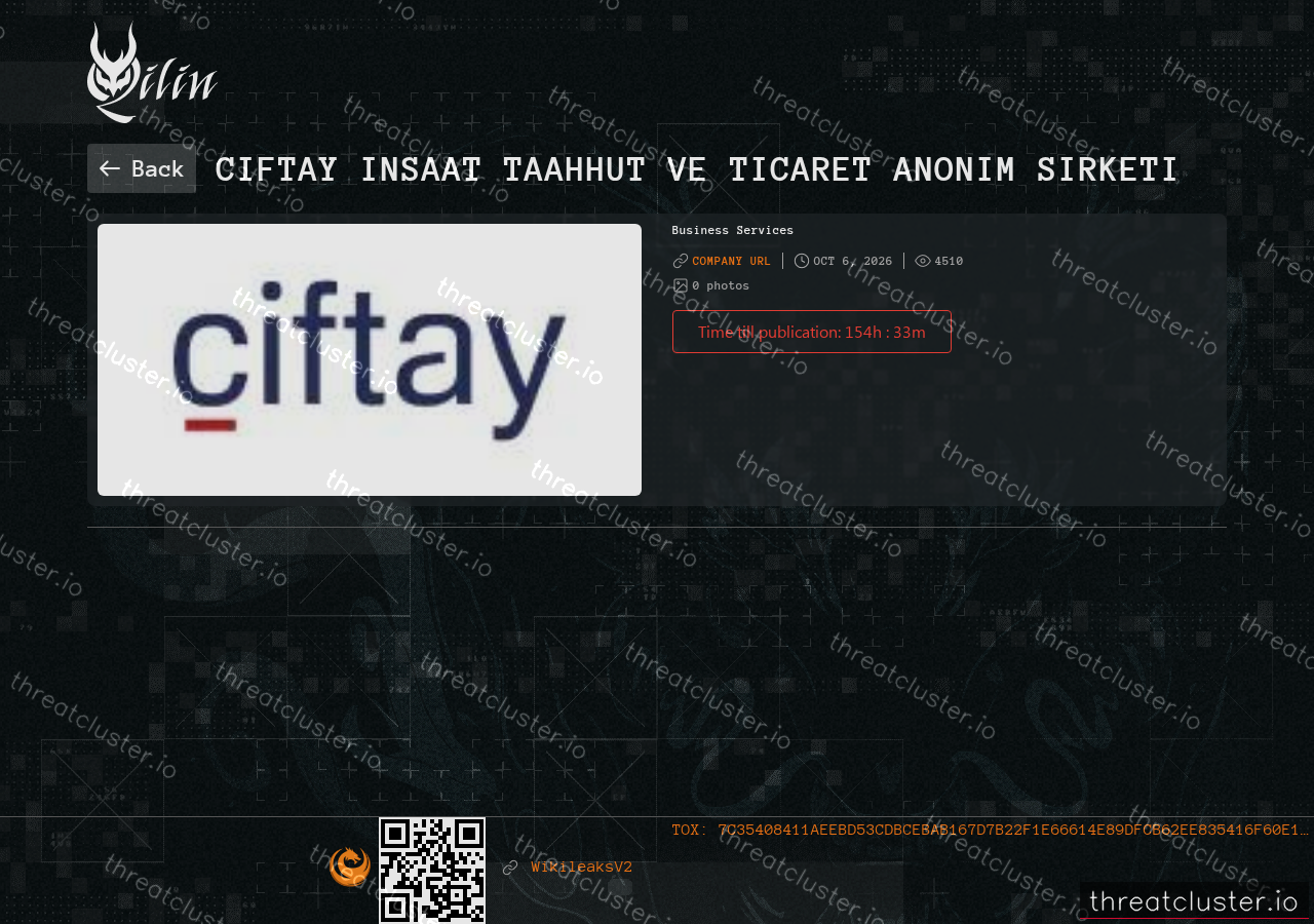Leak-site post naming Ciftay Insaat Taahhut Ve Ticaret Anonim Sirketi, captured by ThreatCluster