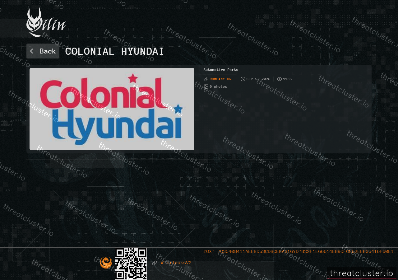 Leak-site post naming Colonial Hyundai, captured by ThreatCluster