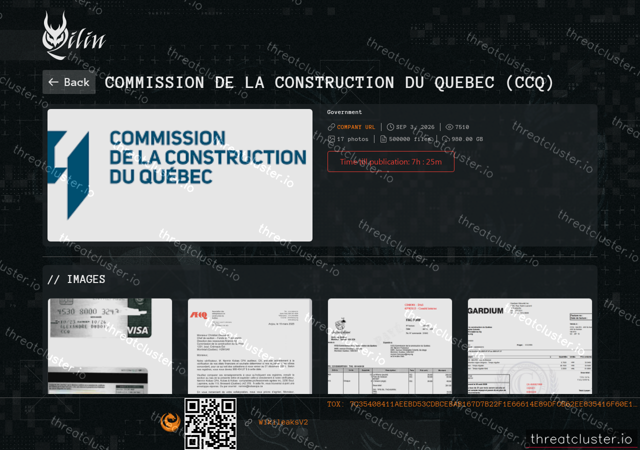 Leak-site post naming Commission de la construction du Quebec (CCQ), captured by ThreatCluster