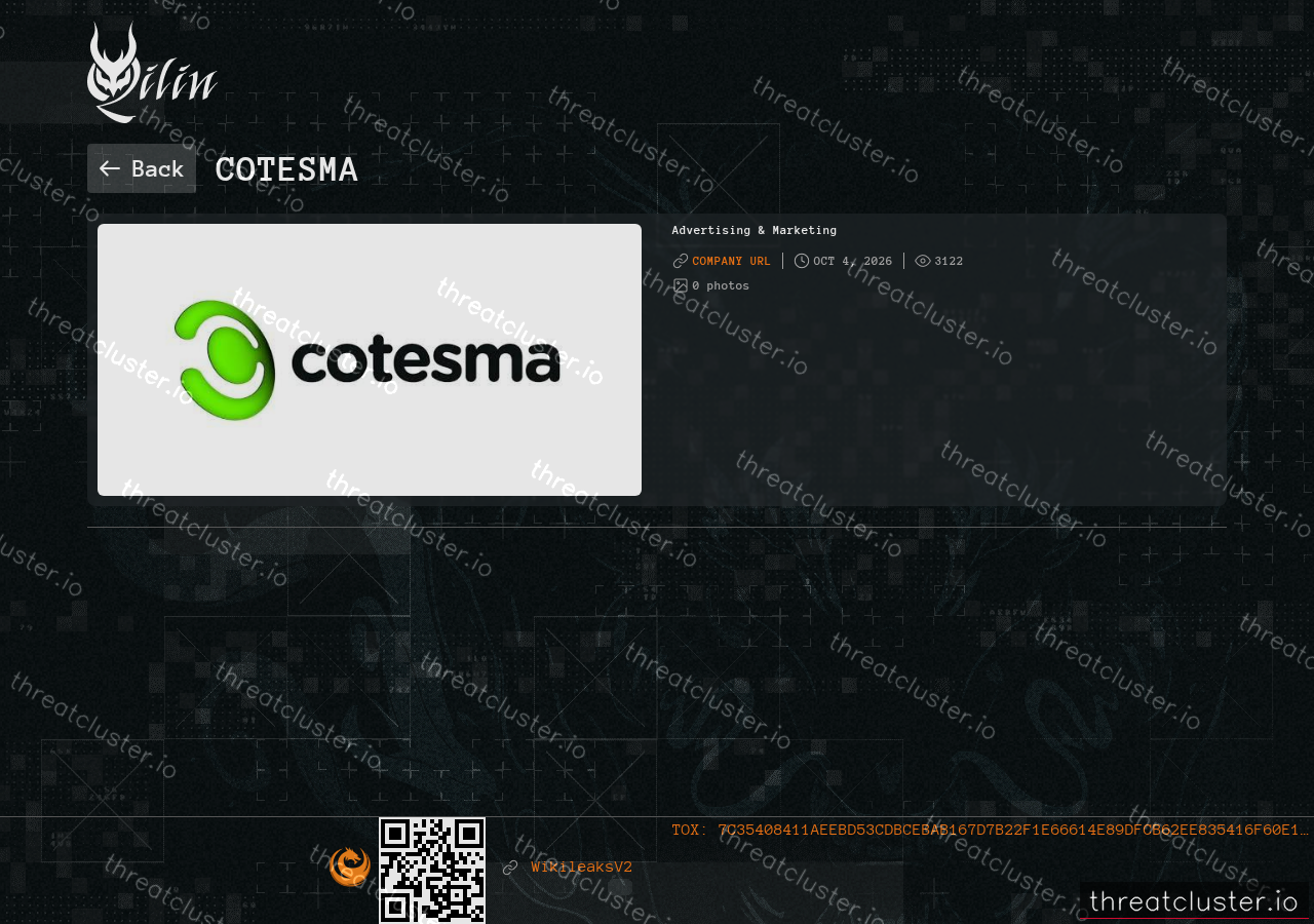 Leak-site post naming Cotesma, captured by ThreatCluster