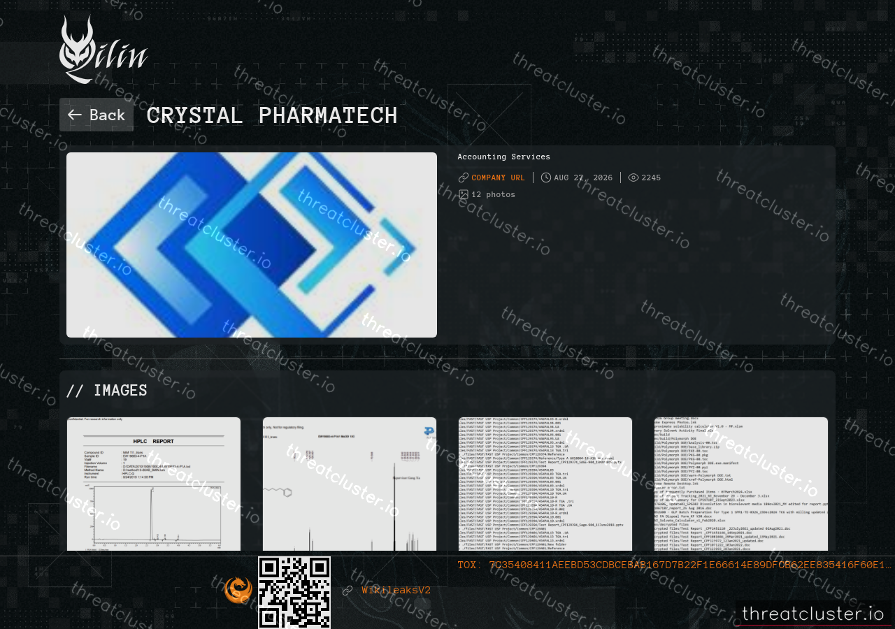 Leak-site post naming Crystal Pharmatech, captured by ThreatCluster