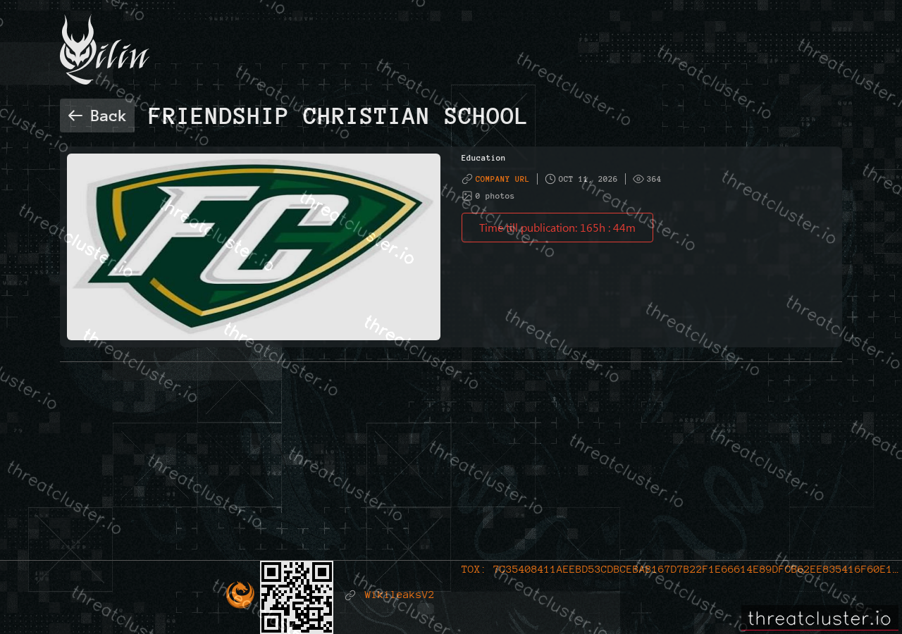 Leak-site post naming Friendship Christian School, captured by ThreatCluster