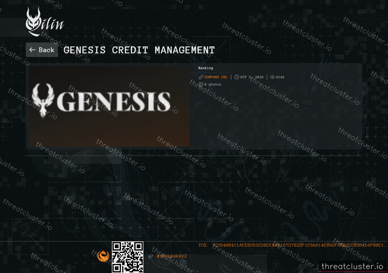 Leak-site post naming Genesis Credit Management, captured by ThreatCluster