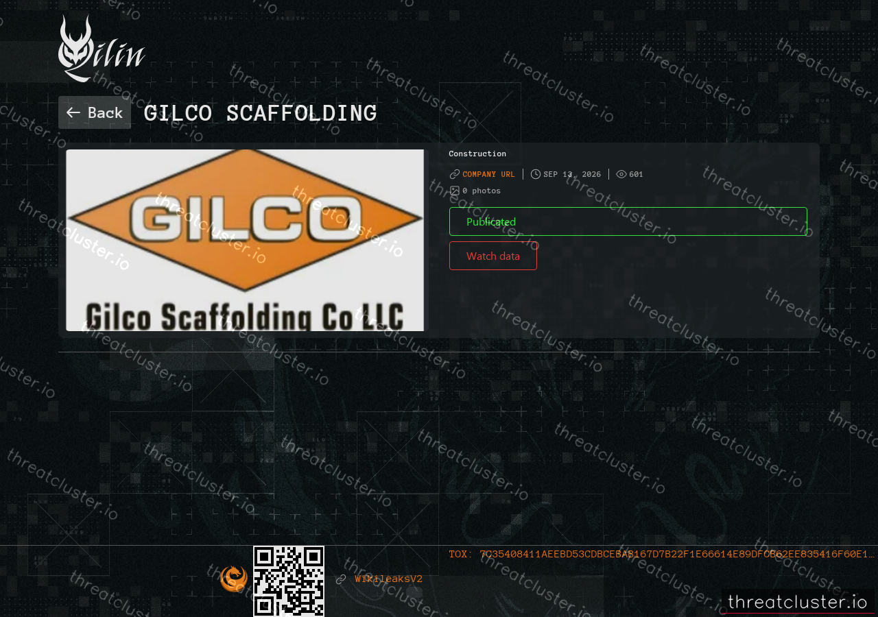 Leak-site post naming Gilco Scaffolding, captured by ThreatCluster