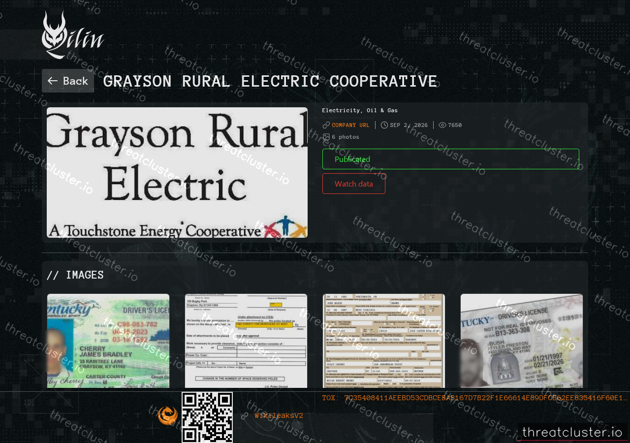 Leak-site post naming Grayson Rural Electric Cooperative, captured by ThreatCluster