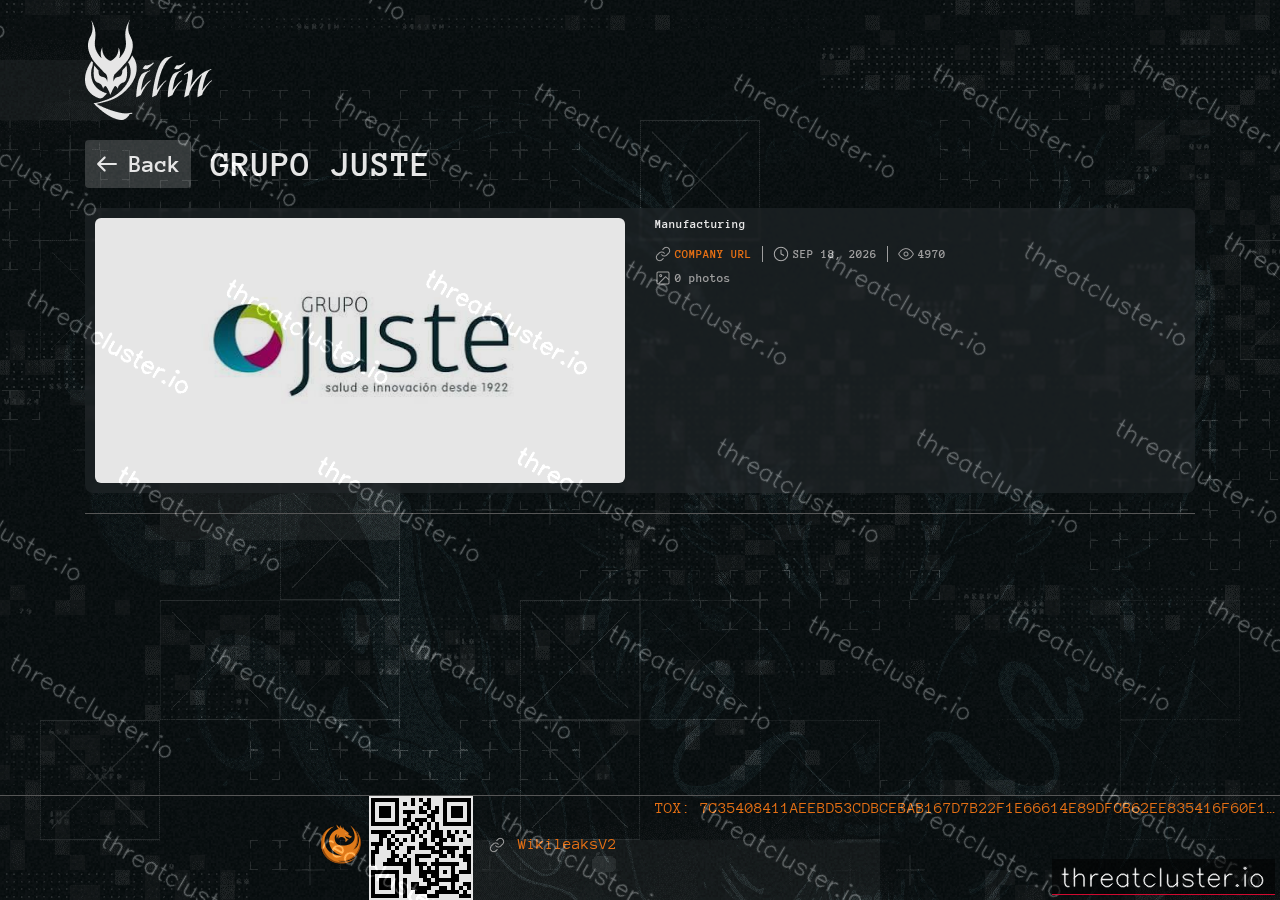 Leak-site post naming Grupo Juste, captured by ThreatCluster
