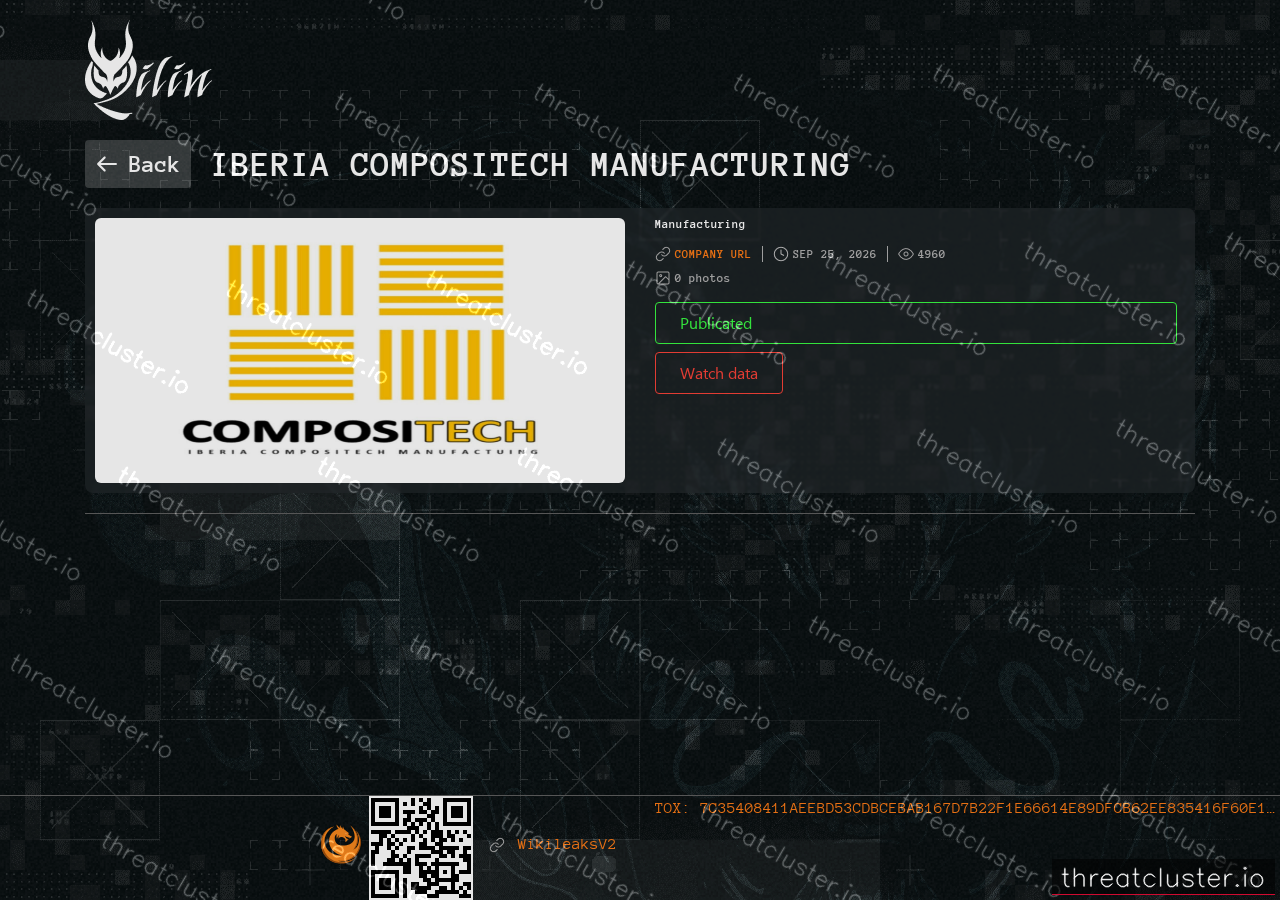 Leak-site post naming Iberia Compositech Manufacturing, captured by ThreatCluster