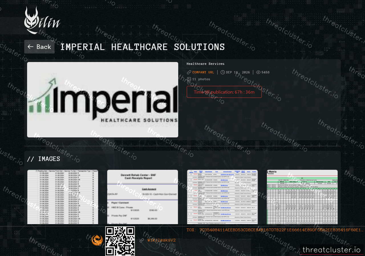 Leak-site post naming Imperial Healthcare Solutions, captured by ThreatCluster