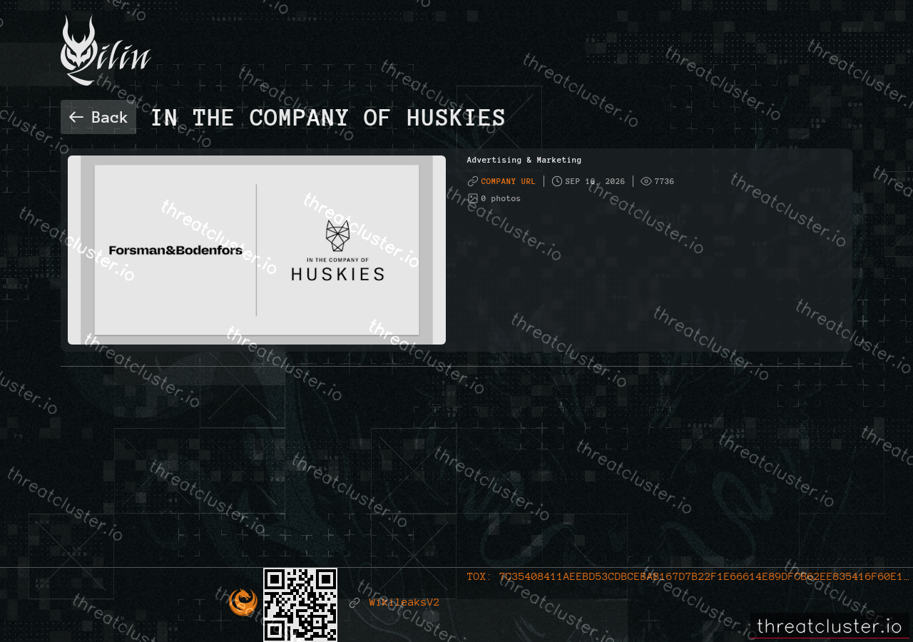 Leak-site post naming In The Company of Huskies, captured by ThreatCluster