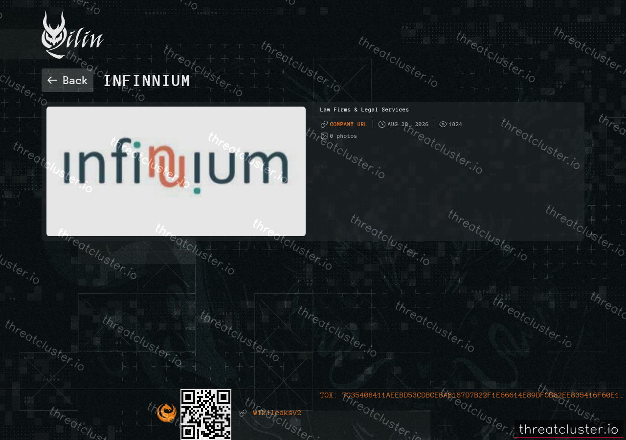 Leak-site post naming Infinnium, captured by ThreatCluster