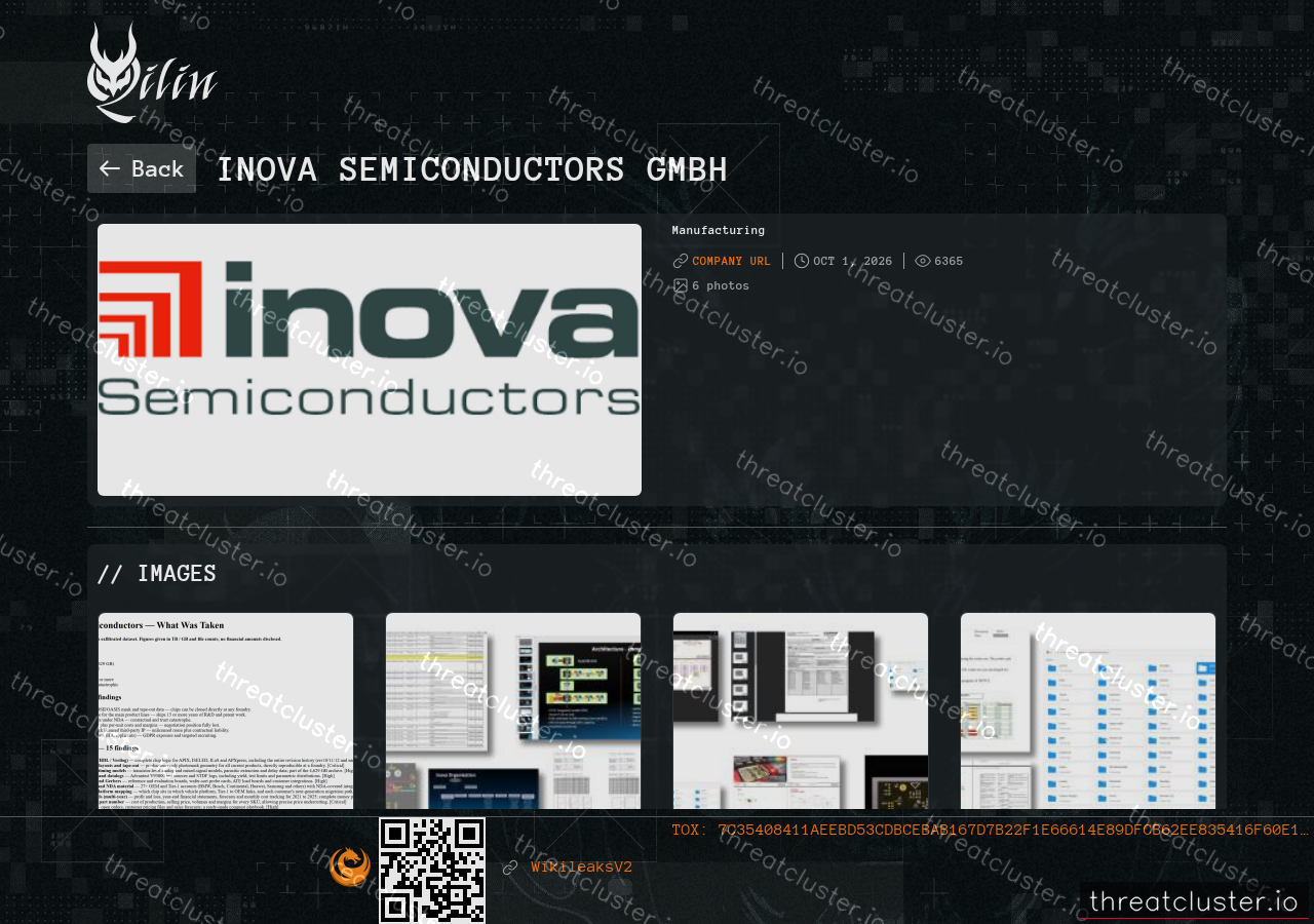 Leak-site post naming Inova Semiconductors GmbH, captured by ThreatCluster