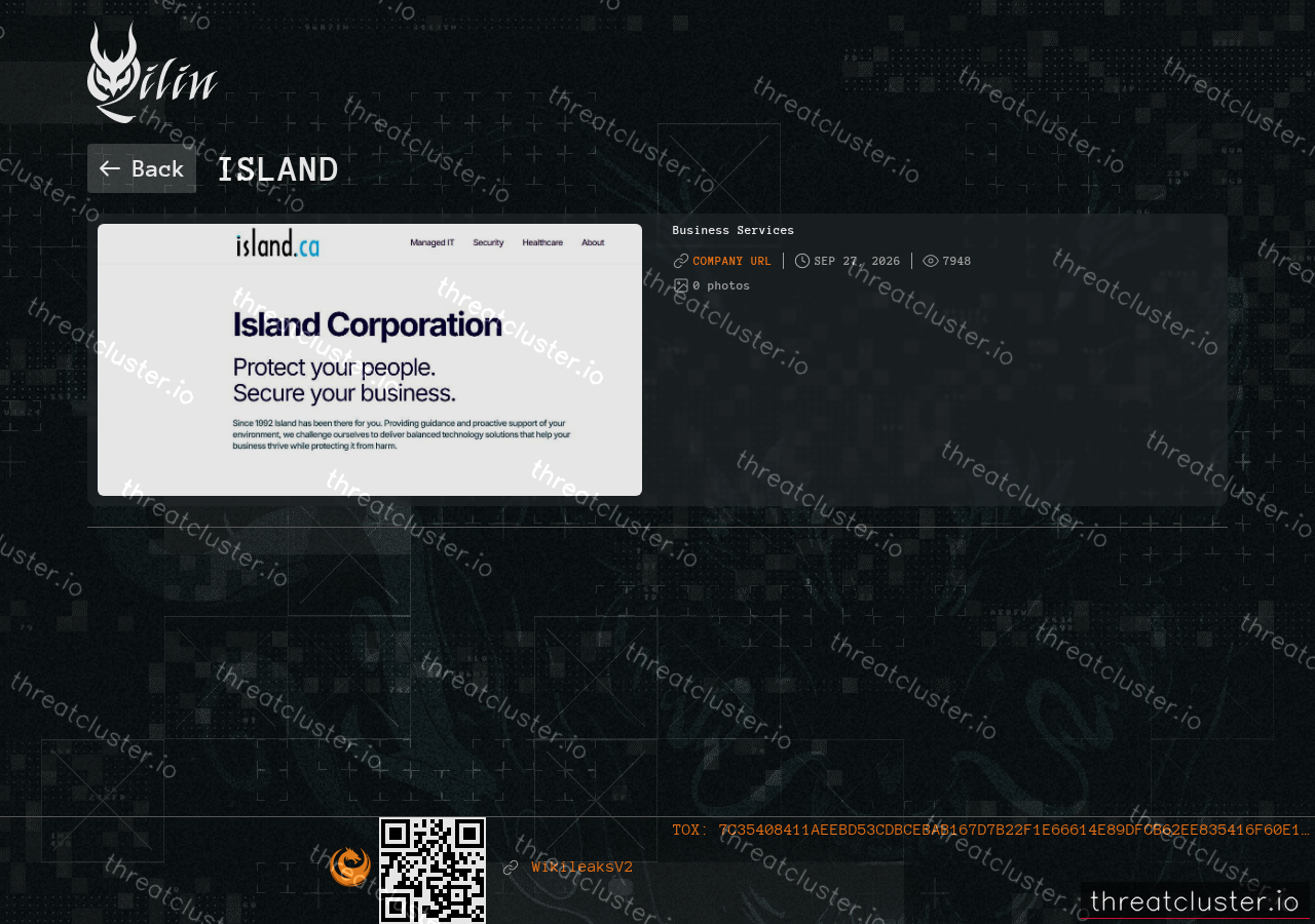 Leak-site post naming Island, captured by ThreatCluster
