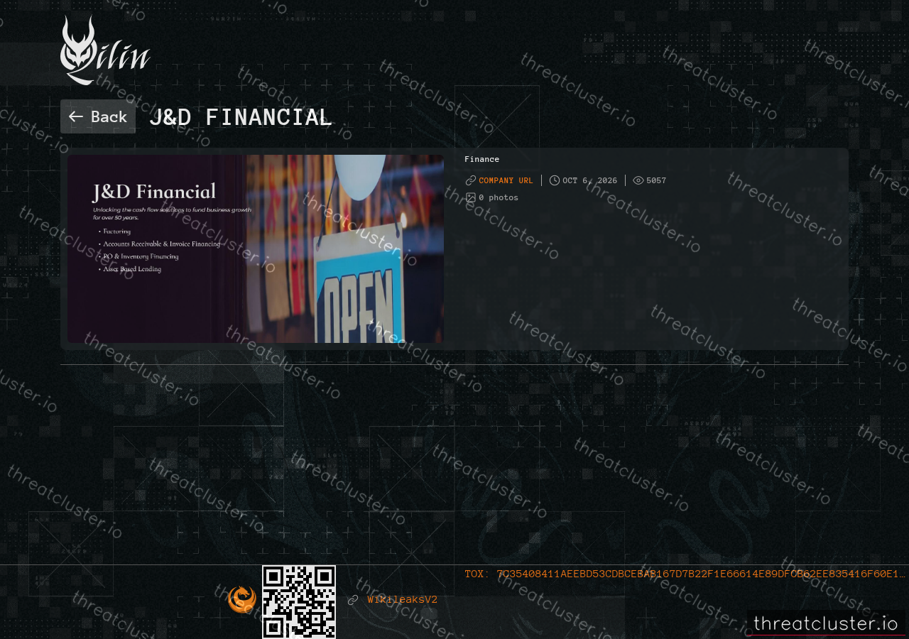 Leak-site post naming J&D Financial, captured by ThreatCluster