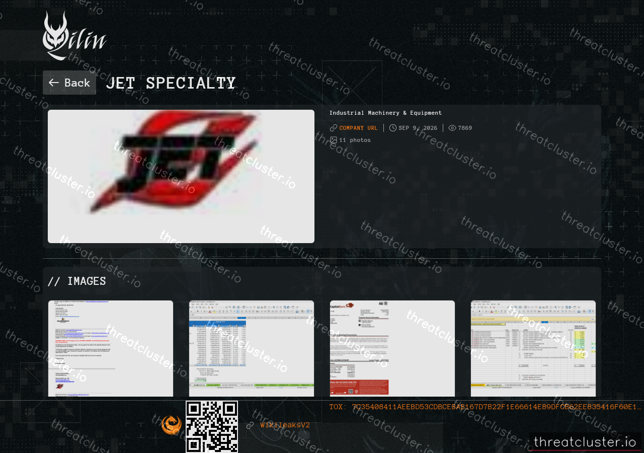 Leak-site post naming Jet Specialty, captured by ThreatCluster