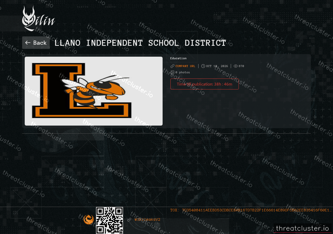 Leak-site post naming Llano Independent School District, captured by ThreatCluster