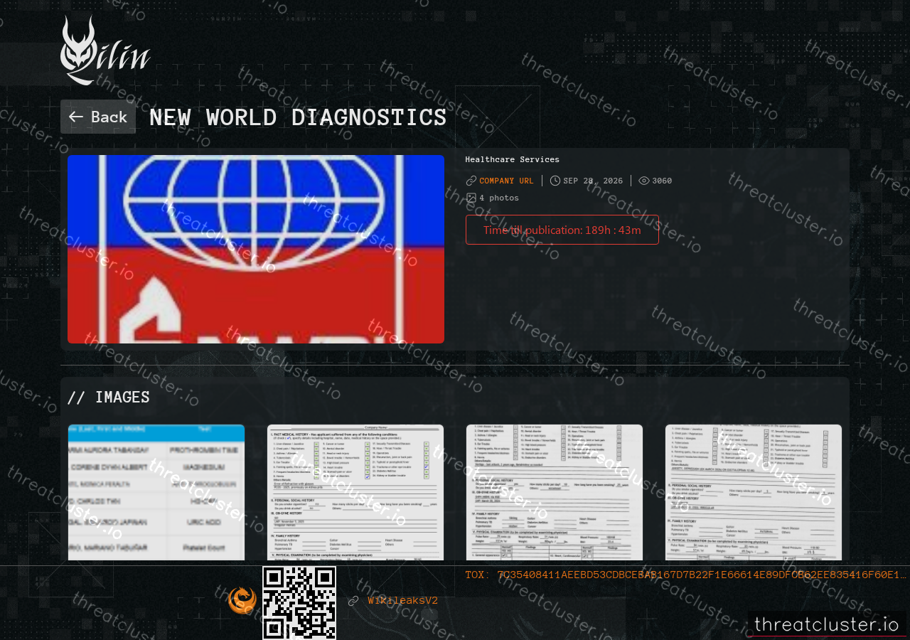 Leak-site post naming New World Diagnostics, captured by ThreatCluster