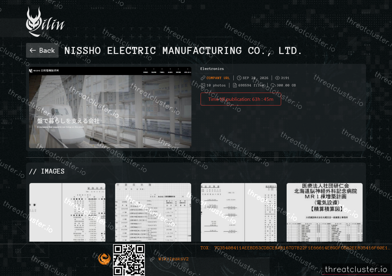 Leak-site post naming Nissho Electric Manufacturing Co., Ltd., captured by ThreatCluster