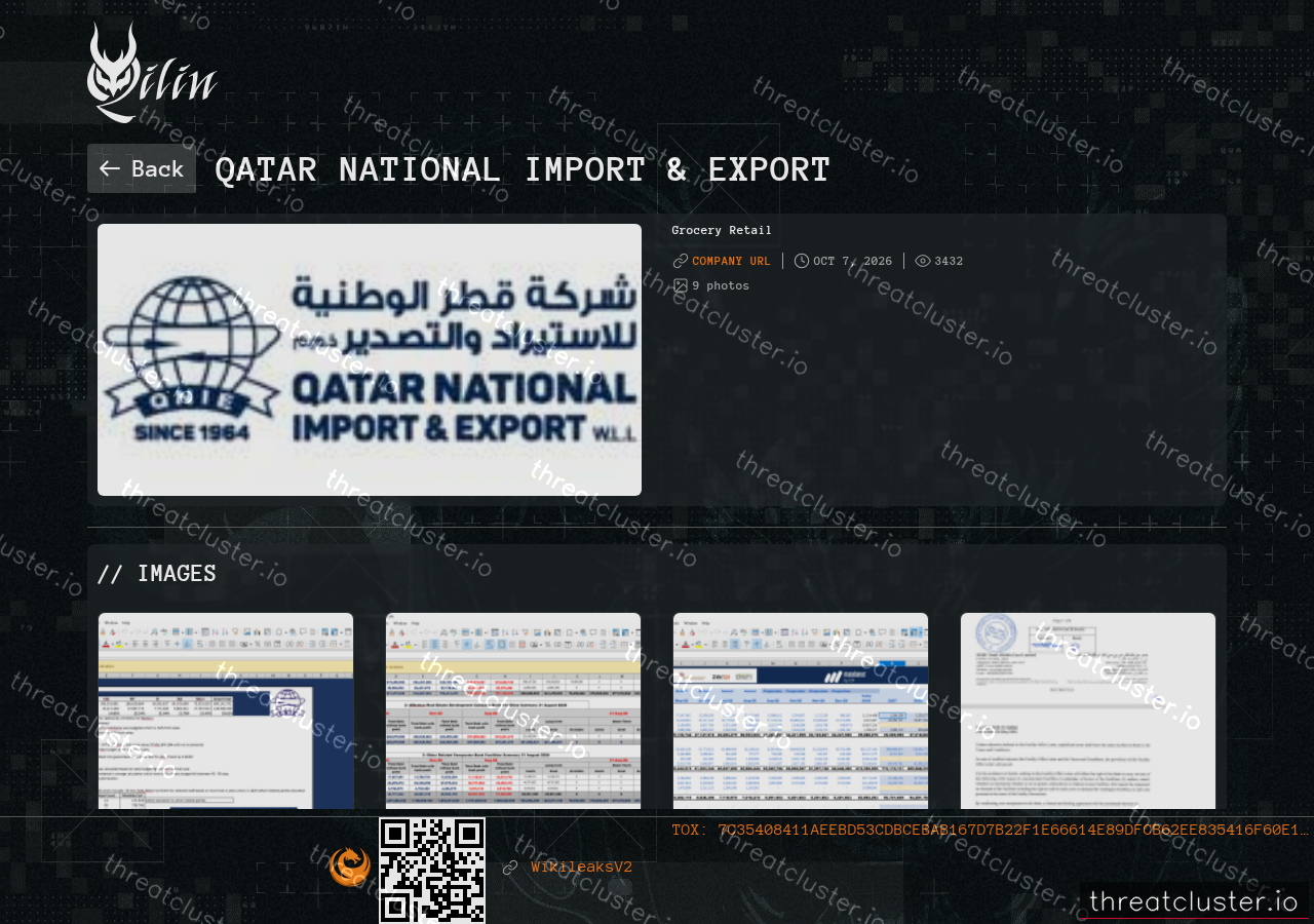 Leak-site post naming Qatar National Import & Export, captured by ThreatCluster