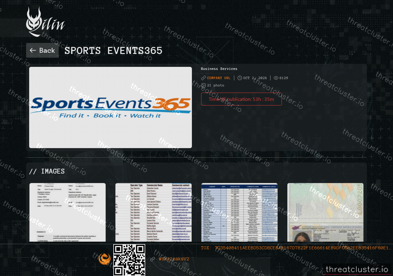 Leak-site post naming Sports Events365, captured by ThreatCluster