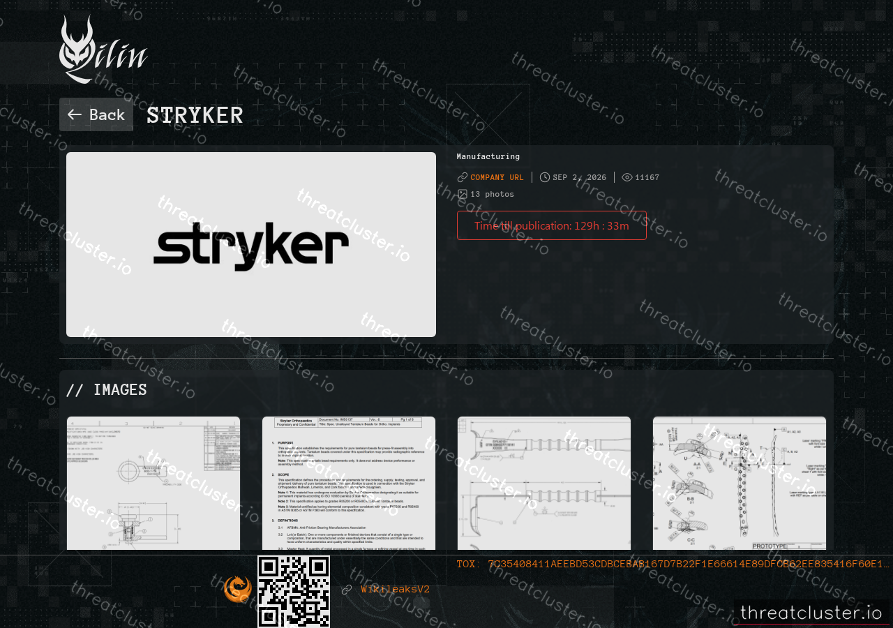 Leak-site post naming Stryker, captured by ThreatCluster