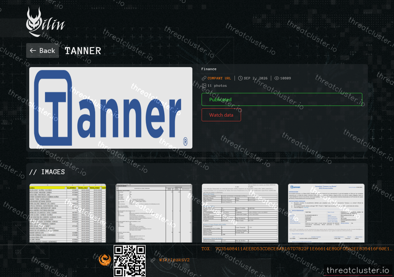 Leak-site post naming Tanner, captured by ThreatCluster