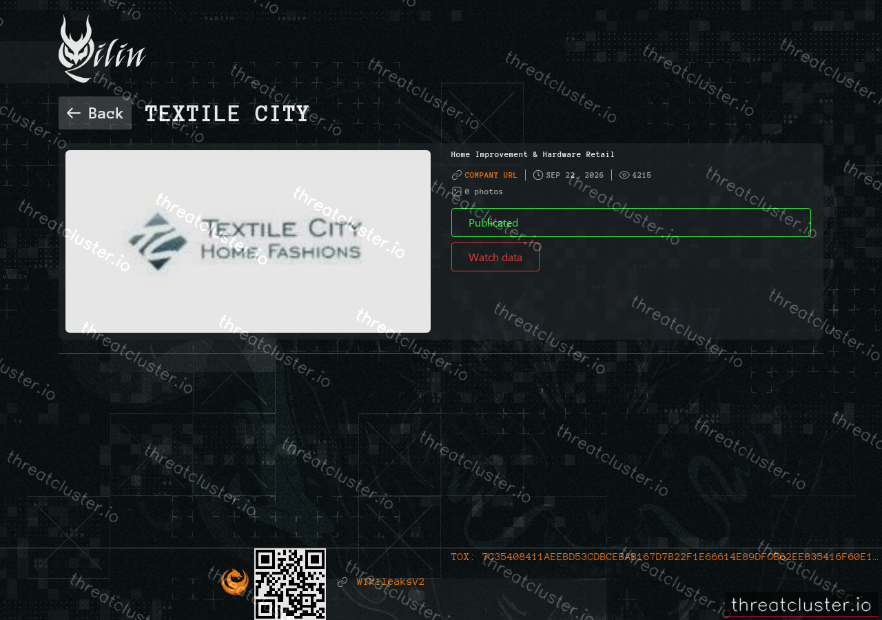 Leak-site post naming Textile City, captured by ThreatCluster