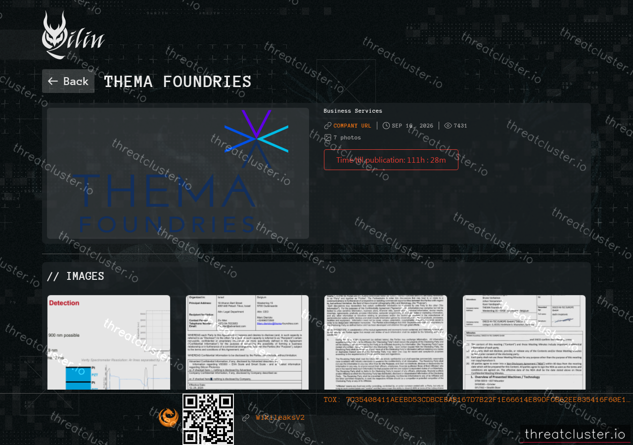 Leak-site post naming Thema Foundries, captured by ThreatCluster