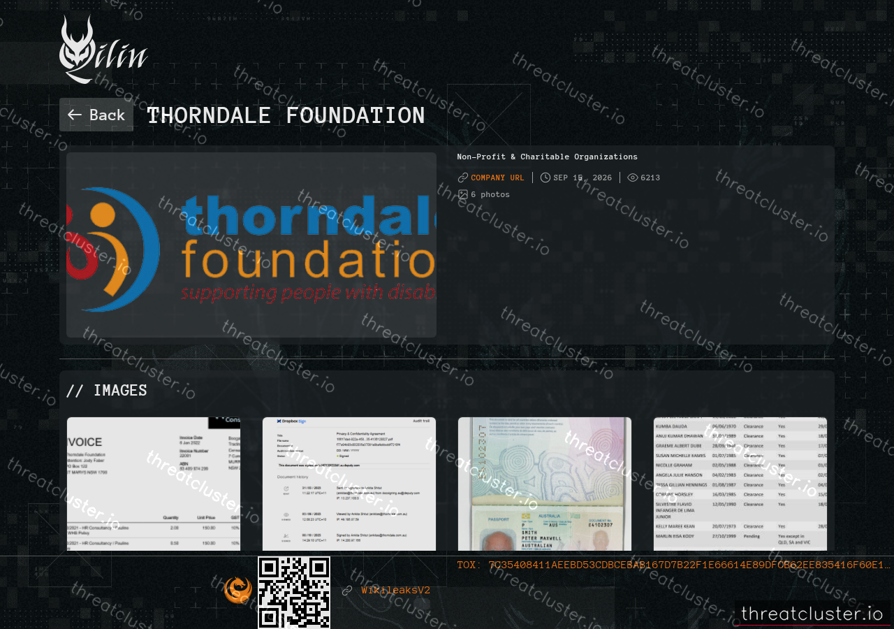 Leak-site post naming Thorndale Foundation, captured by ThreatCluster