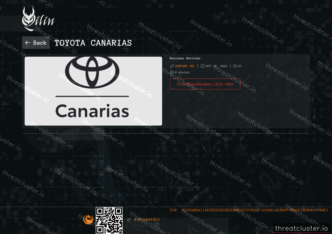 Leak-site post naming Toyota Canarias, captured by ThreatCluster