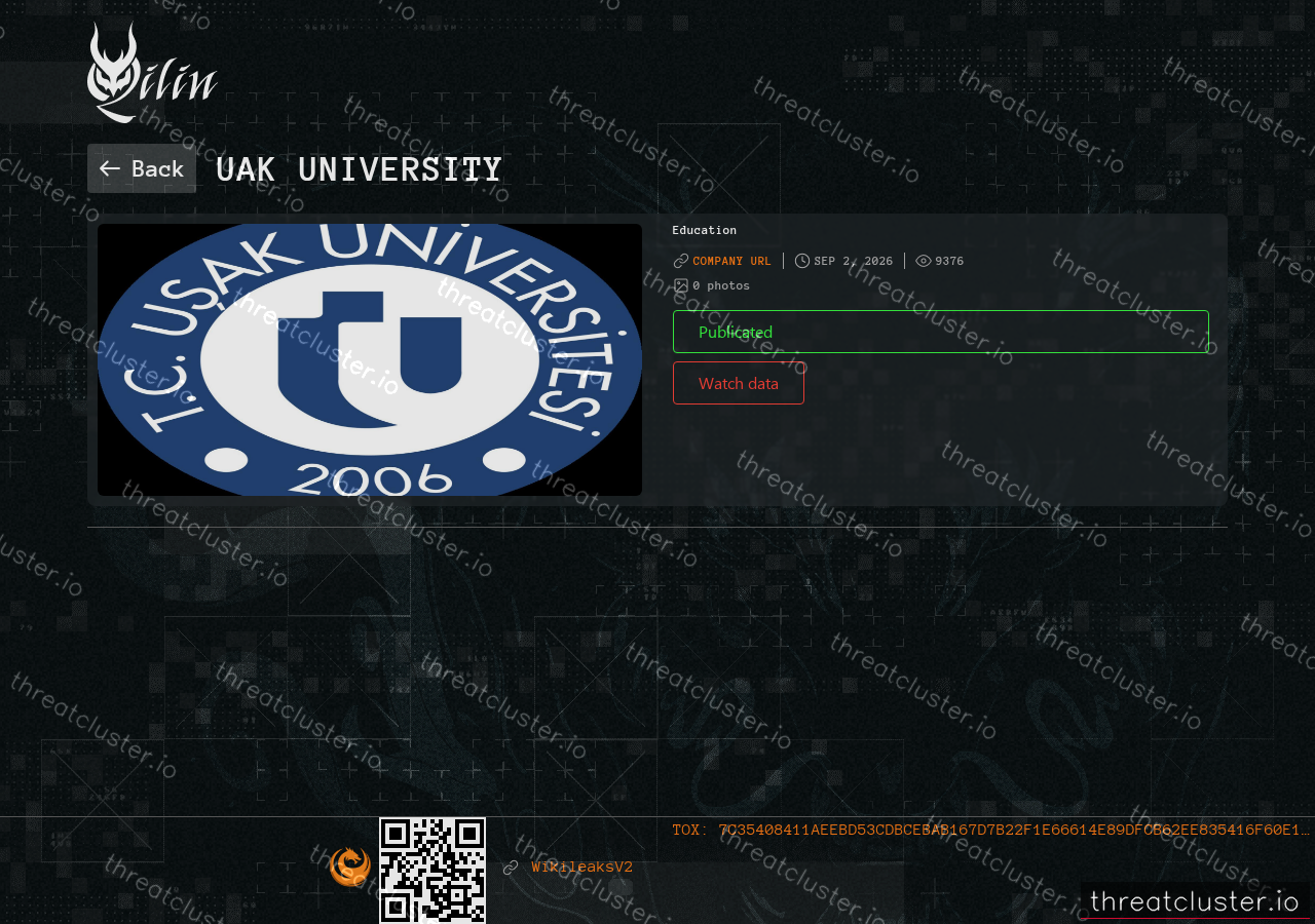 Leak-site post naming Uak University, captured by ThreatCluster