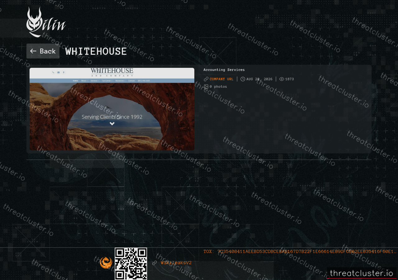 Leak-site post naming Whitehouse, captured by ThreatCluster