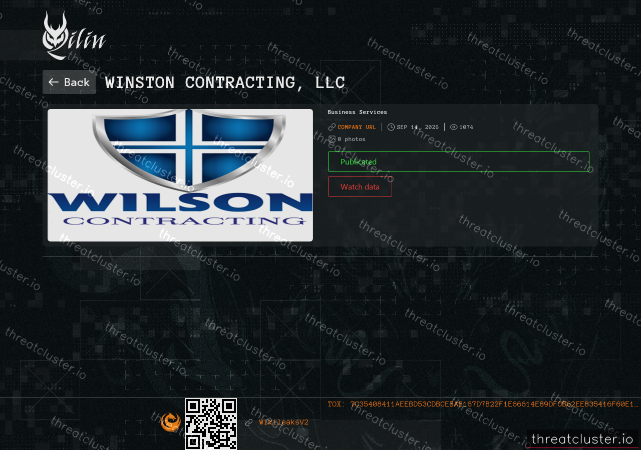 Leak-site post naming Winston Contracting, LLC, captured by ThreatCluster