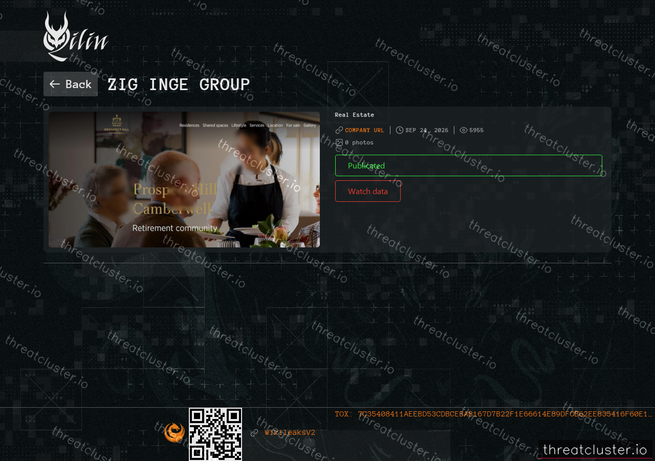 Leak-site post naming Zig Inge Group, captured by ThreatCluster