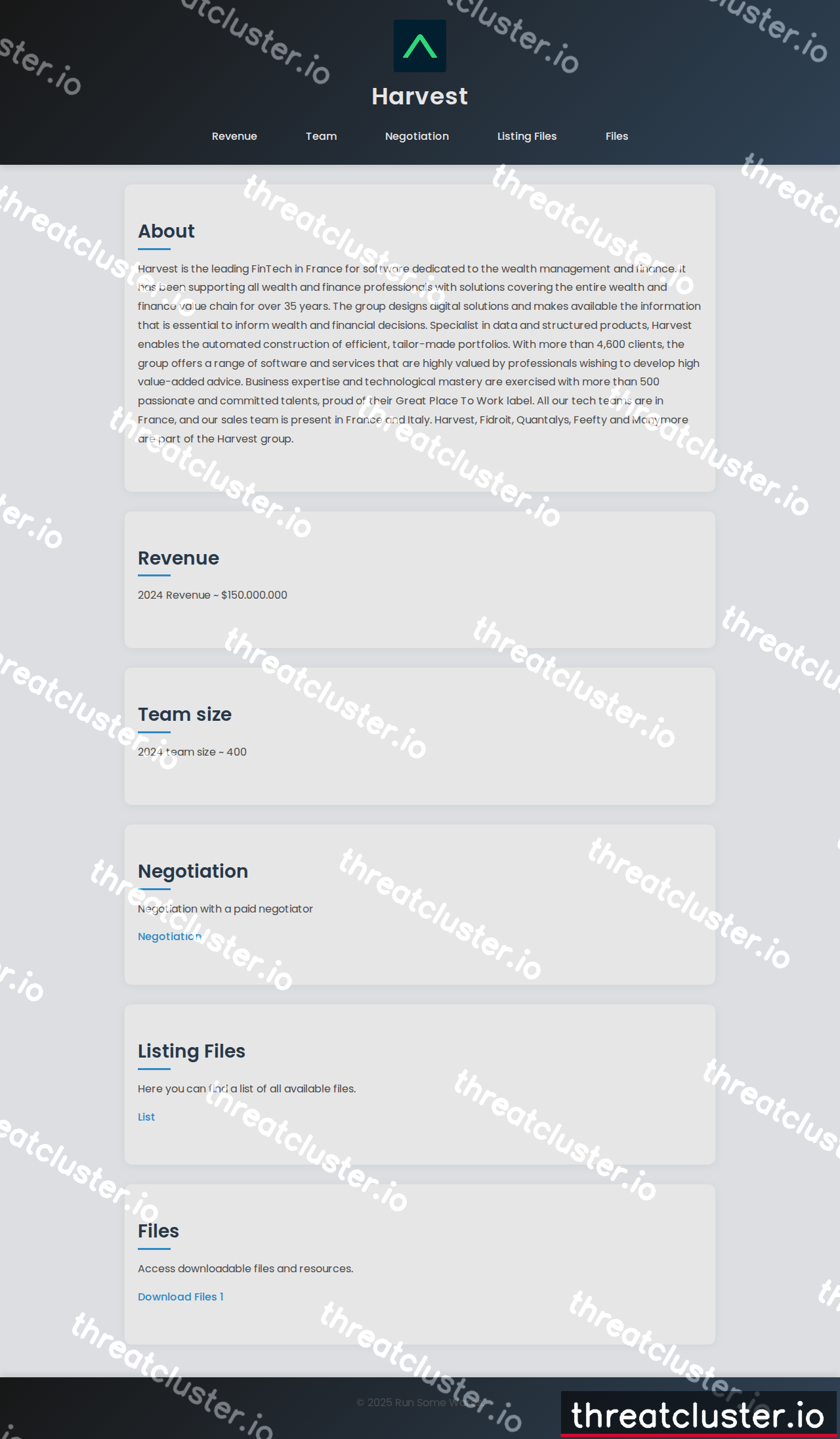 Leak-site post naming Harvest, captured by ThreatCluster