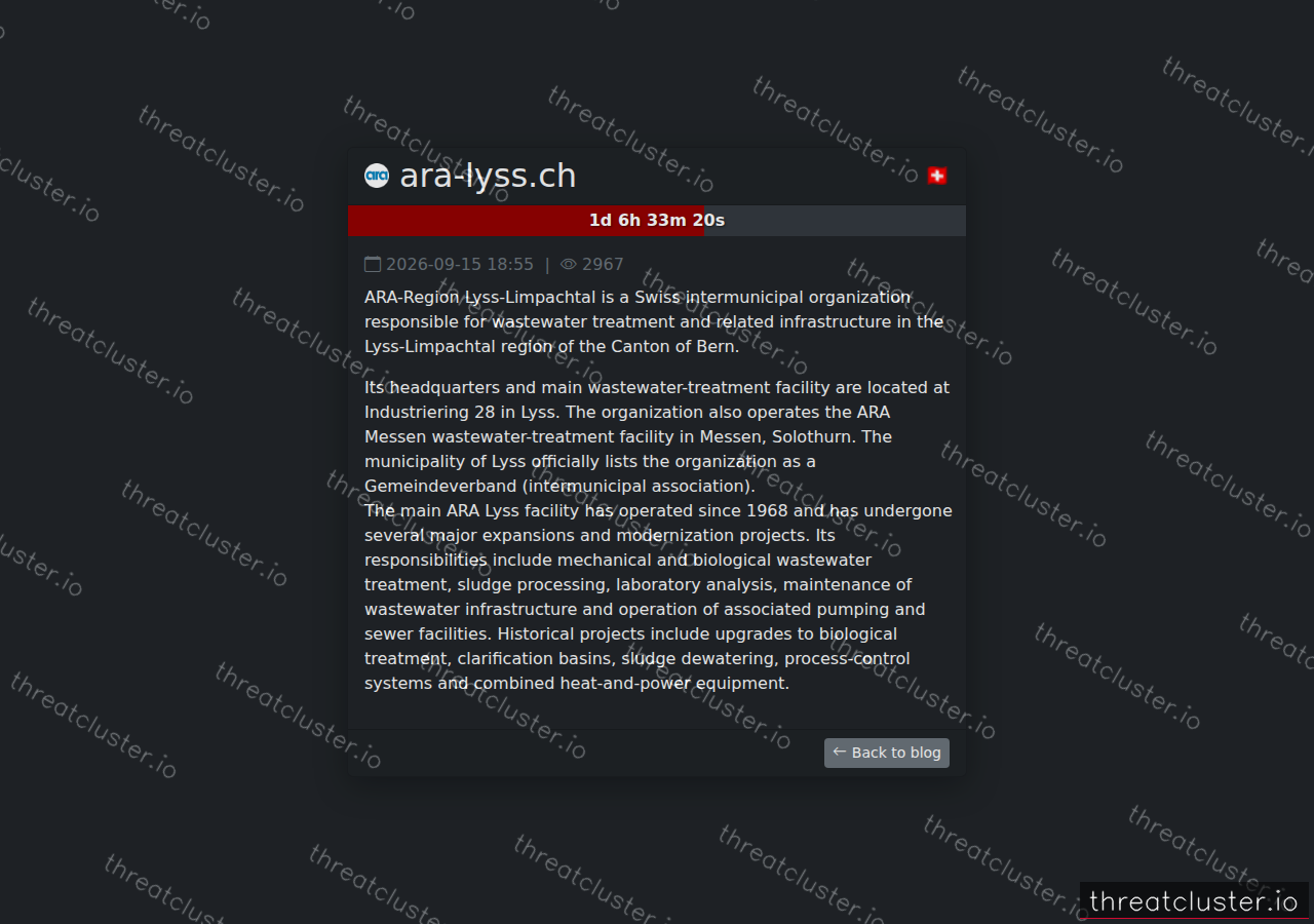 Leak-site post naming ara-lyss.ch, captured by ThreatCluster