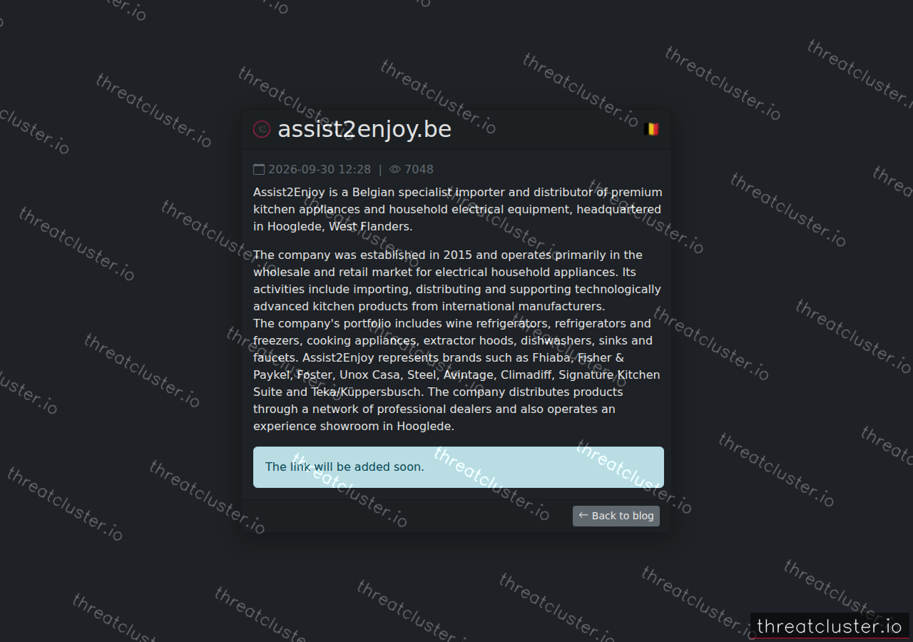 Leak-site post naming assist2enjoy.be, captured by ThreatCluster