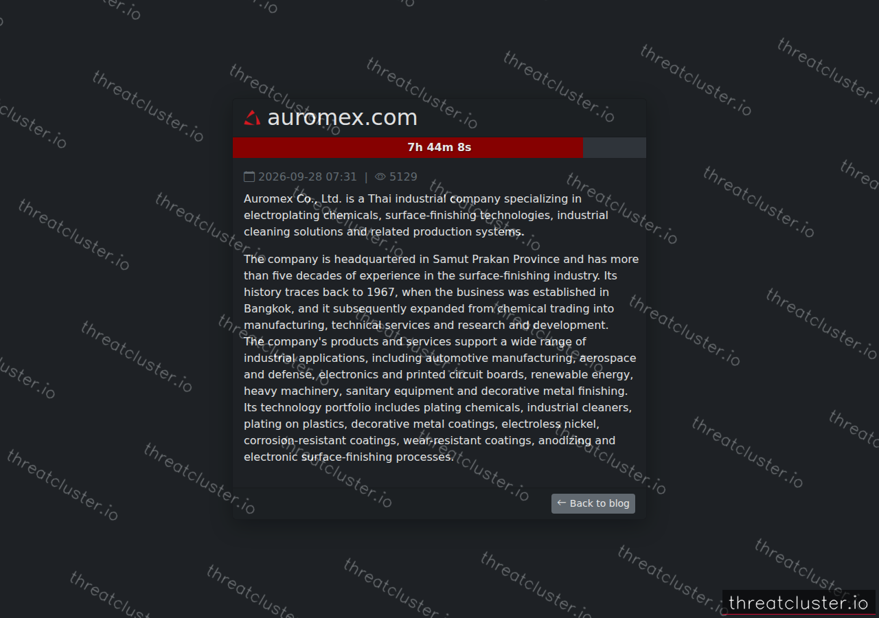 Leak-site post naming auromex.com, captured by ThreatCluster