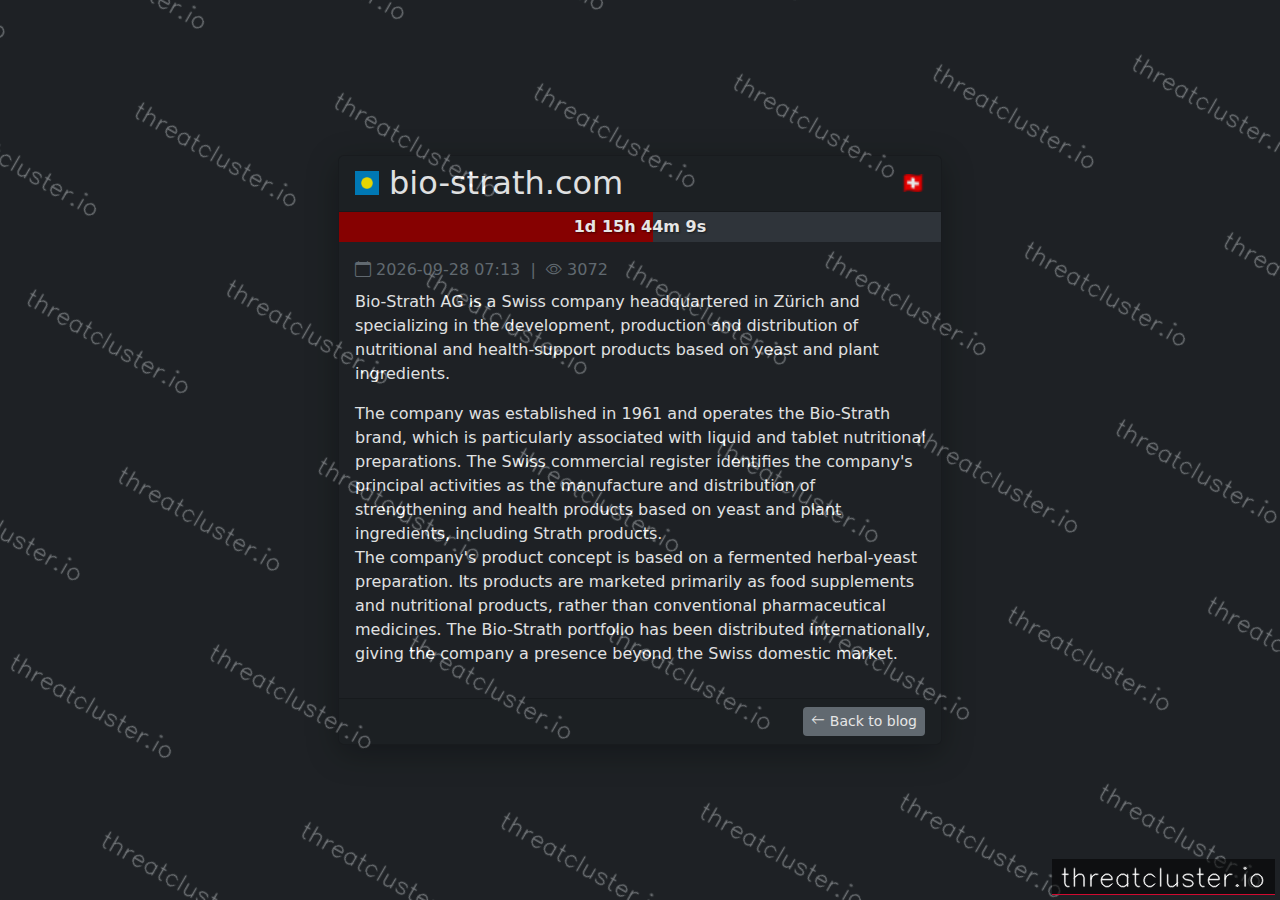 Leak-site post naming bio-strath.com, captured by ThreatCluster