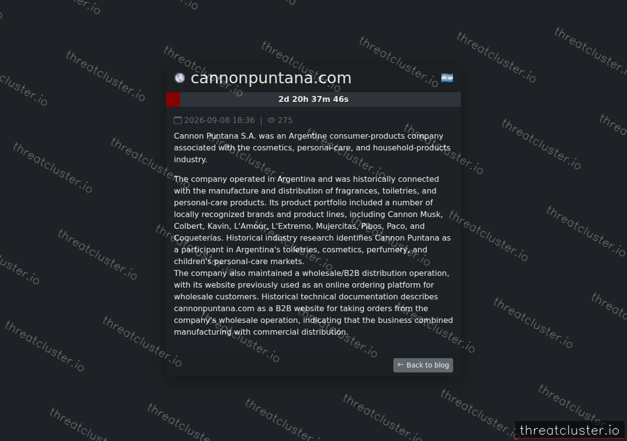 Leak-site post naming cannonpuntana.com, captured by ThreatCluster