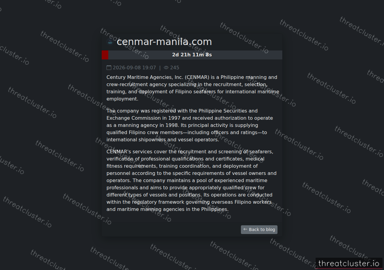 Leak-site post naming cenmar-manila.com, captured by ThreatCluster