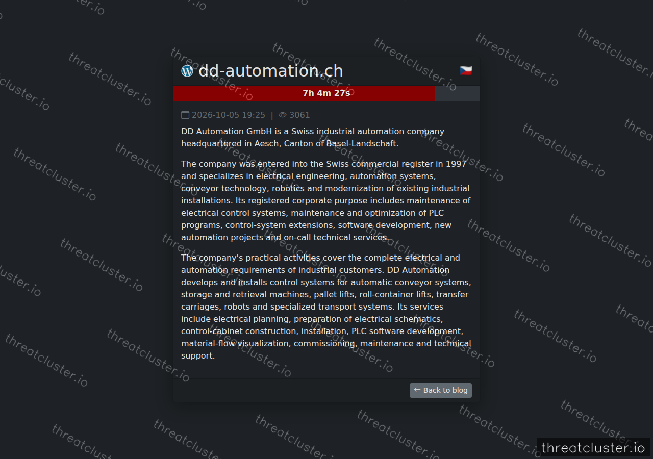 Leak-site post naming dd-automation.ch, captured by ThreatCluster