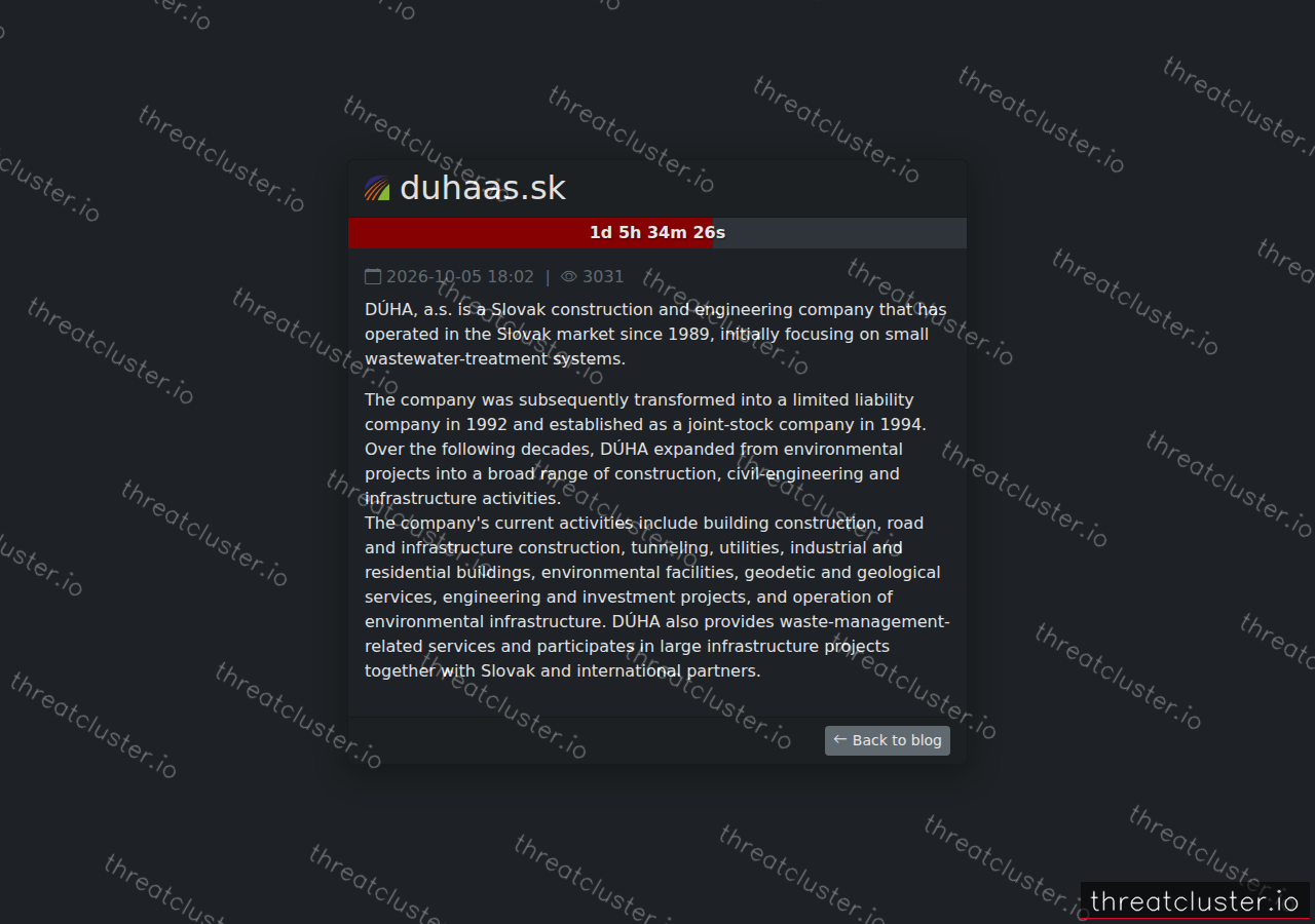 Leak-site post naming duhaas.sk, captured by ThreatCluster
