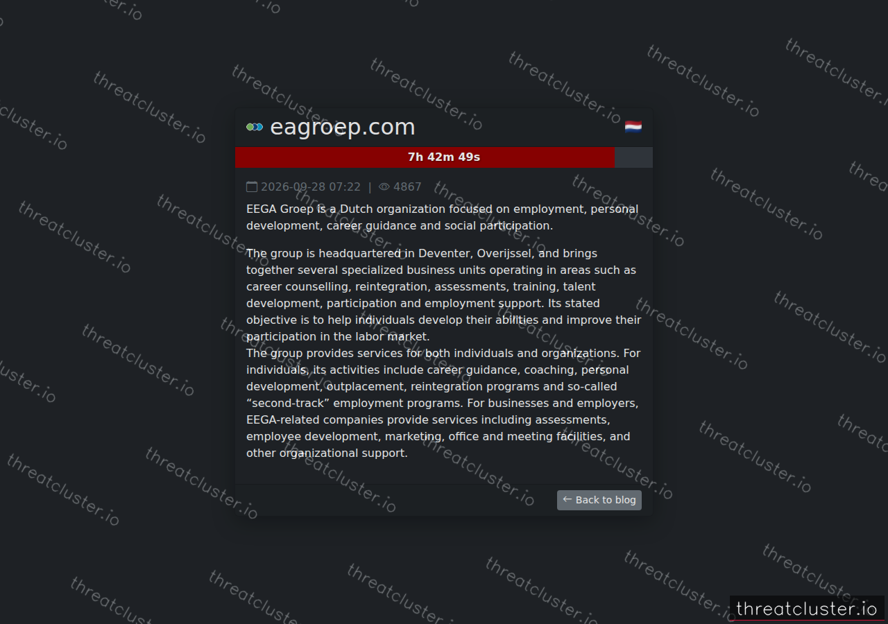 Leak-site post naming eagroep.com, captured by ThreatCluster