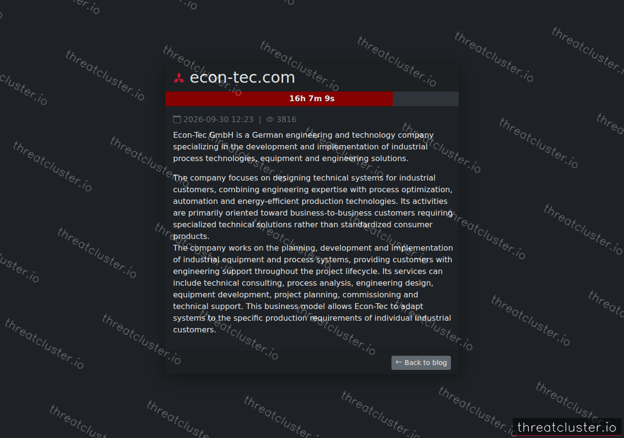 Leak-site post naming econ-tec.com, captured by ThreatCluster