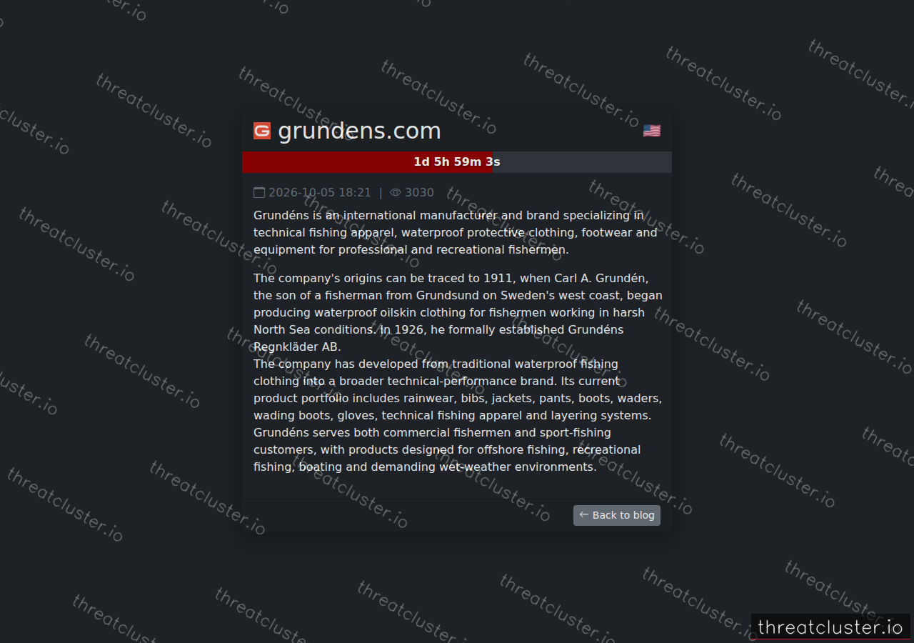 Leak-site post naming grundens.com, captured by ThreatCluster