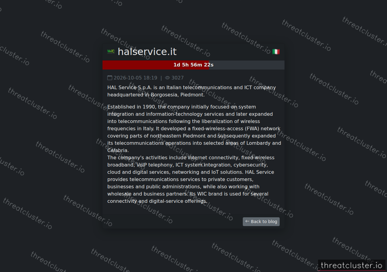 Leak-site post naming halservice.it, captured by ThreatCluster