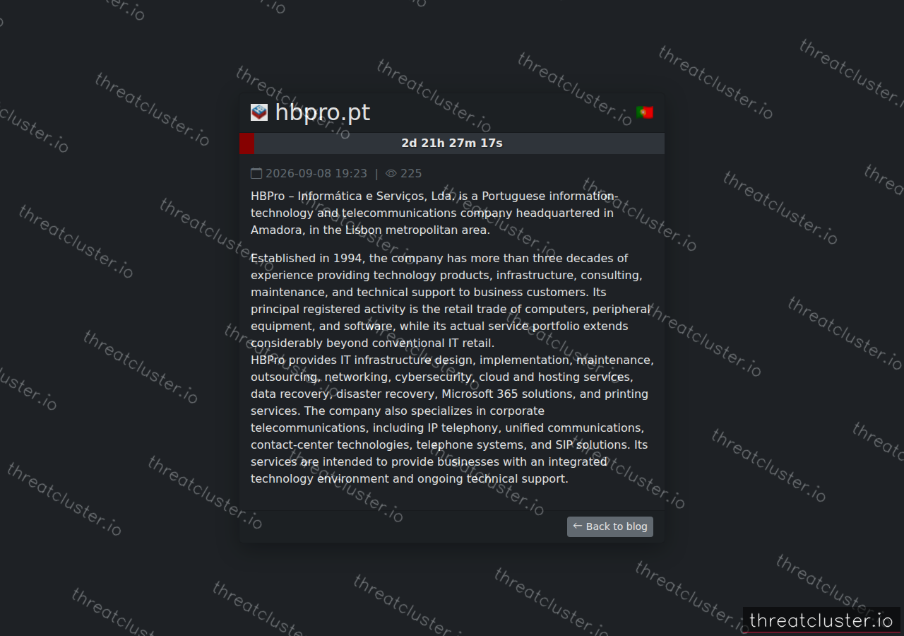 Leak-site post naming hbpro.pt, captured by ThreatCluster