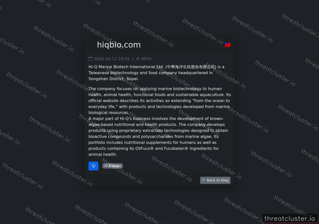 Leak-site post naming hiqbio.com, captured by ThreatCluster