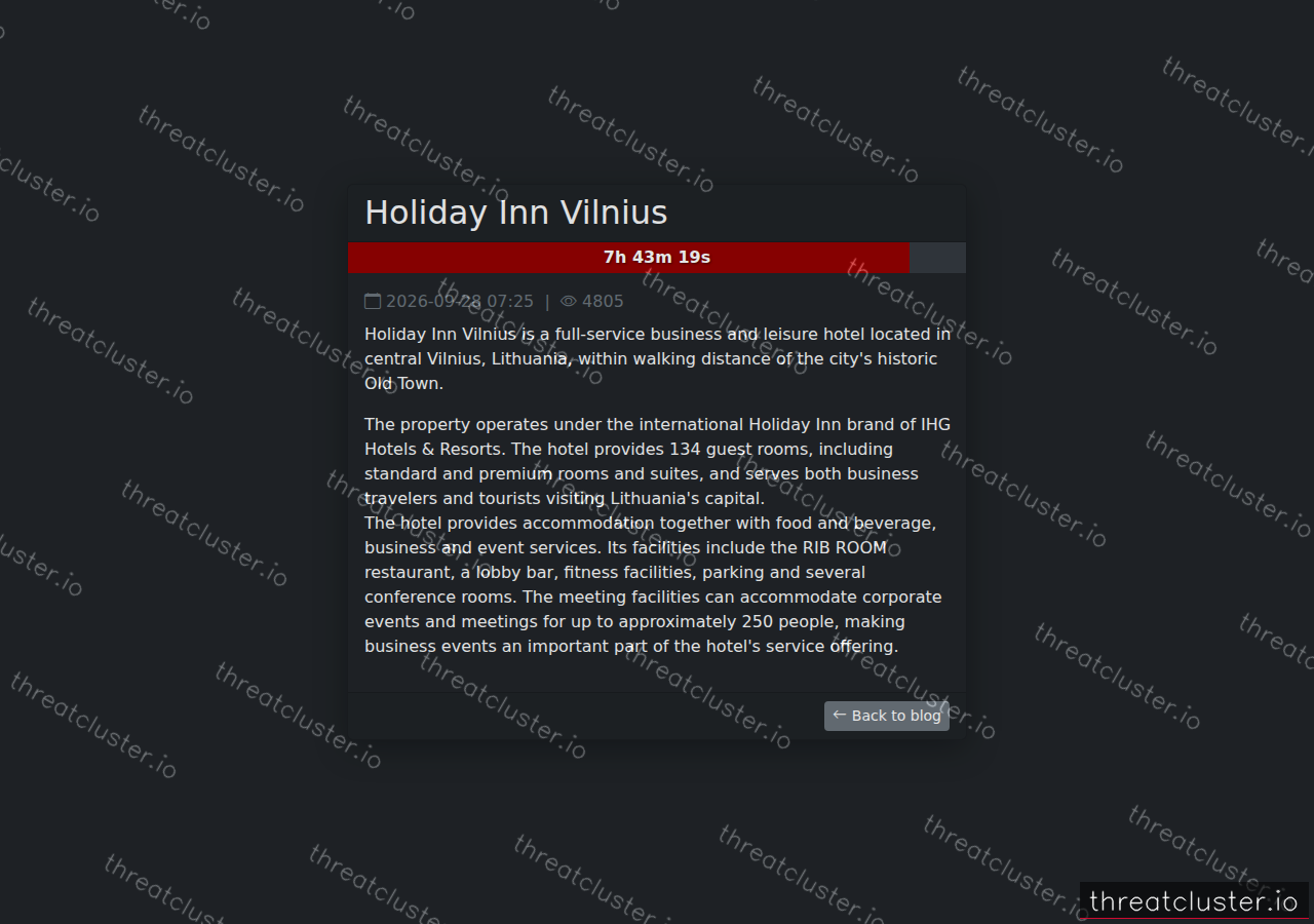 Leak-site post naming Holiday Inn Vilnius, captured by ThreatCluster