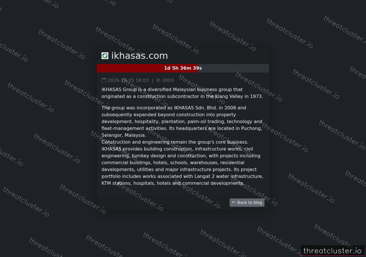 Leak-site post naming ikhasas.com, captured by ThreatCluster